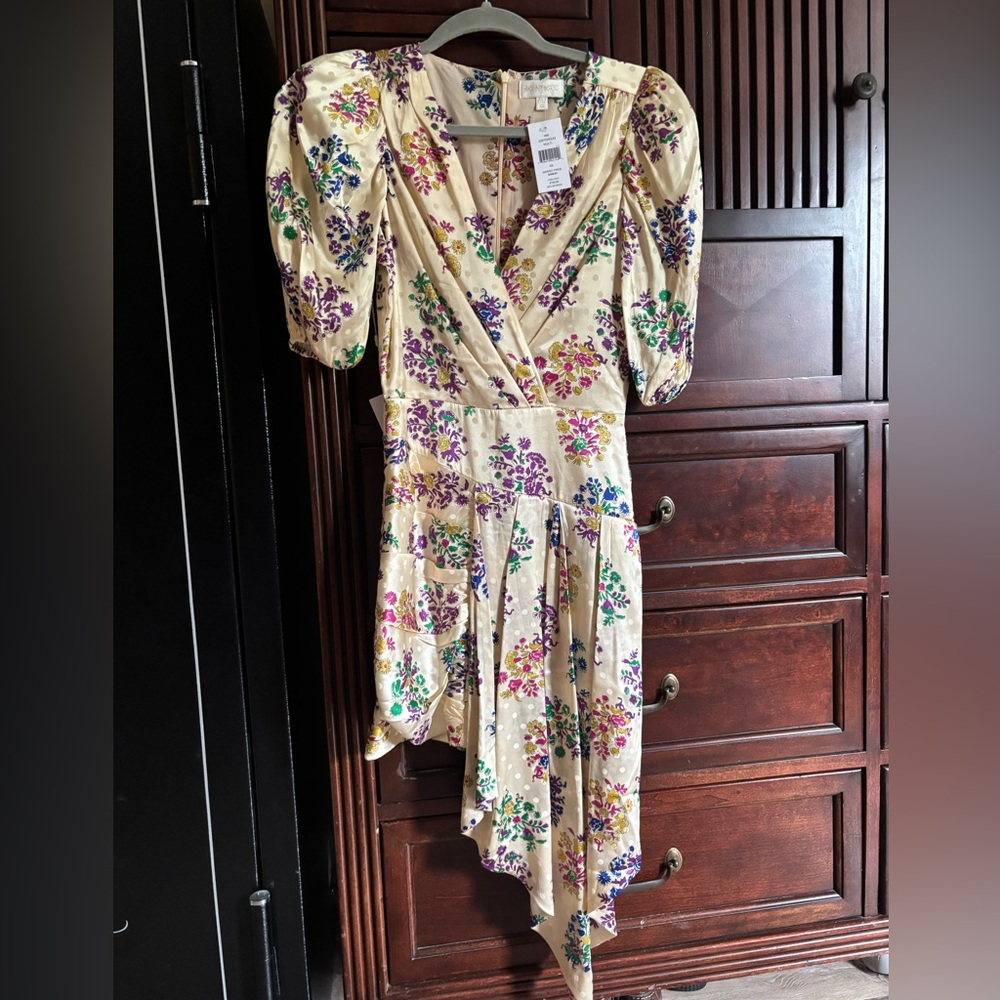 Ronny Kobo Collection Cream Floral Wrap Dress with Purple, Pink & Green Print